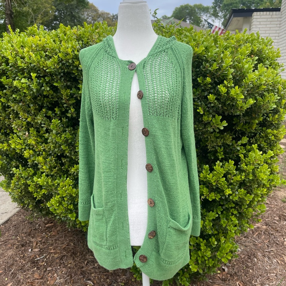 green, knit button up sweater